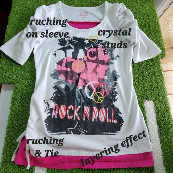 CANYON RIVER BLUES Layered Ruching Side Tie Graphic Tees, M (10-12) - Picture 12 of 16